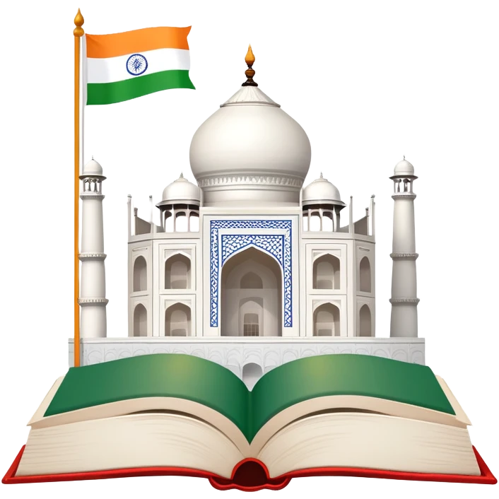 An icon featuring the Taj Mahal and the flag of India, symbolizing the Hindi language. The design includes an open book with Hindi script, representing language learning and cultural richness. Transparent background highlights the heritage of India. emoji