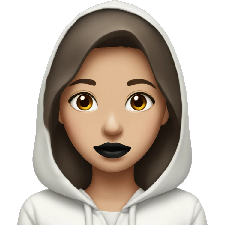 girl with brown hair in a white hoodie and black lipstick with a red stain on her mouth emoji