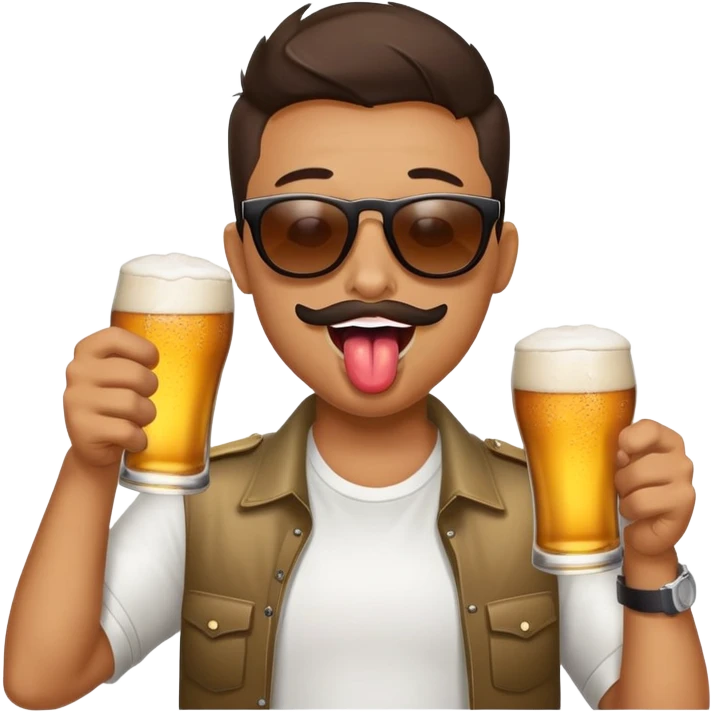 Drinking two beers at the same time, one in each hand, sunglasses on, tongue out of an open mouth emoji