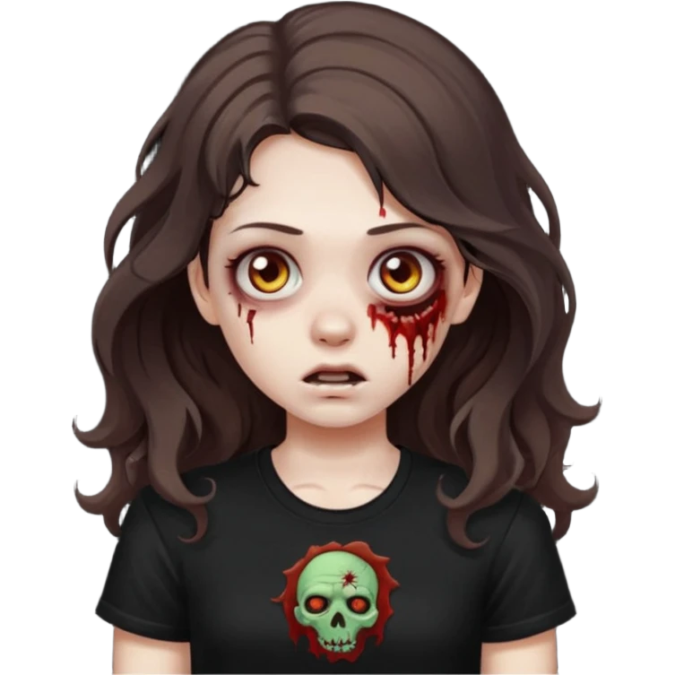 crie uma garota com ferimentos zoombie cabelo ondulado 2c longo castanho escuro e blusa básica preta sem nada  emoji