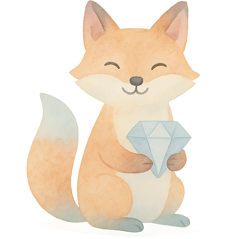 cheerful fox holding a diamond, watercolor painting, vibrant yet soft colors, whimsical feel emoji