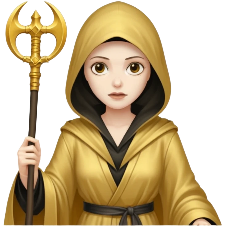 feminine grim reaper in a gold with scythe emoji