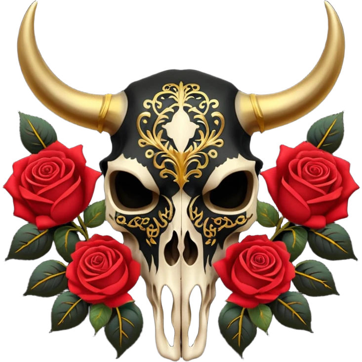 Black Bull skull with red roses and gold intricate patterns emoji