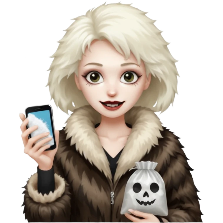 she is wearing a fur coat and has a transparent tiny, small  plastic bag full of white powder, and her phone in the other hand, she has lost so much weight, she looks evil , she has an evil grin emoji