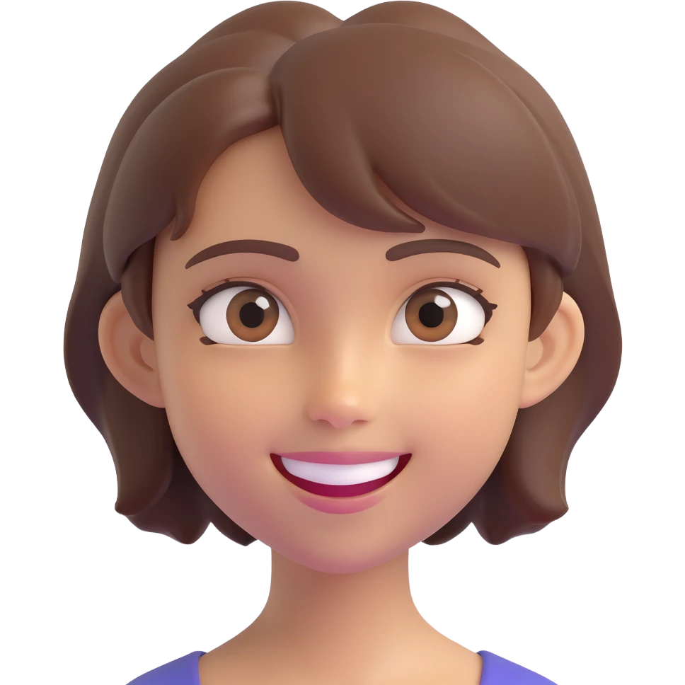 apple-style 3D emoji of a young person with short tousled brown hair, smooth skin, big expressive eyes, smiling, soft shadows, glossy plastic texture, bright pastel colors, fun cartoonish look, head centered, neutral background emoji
