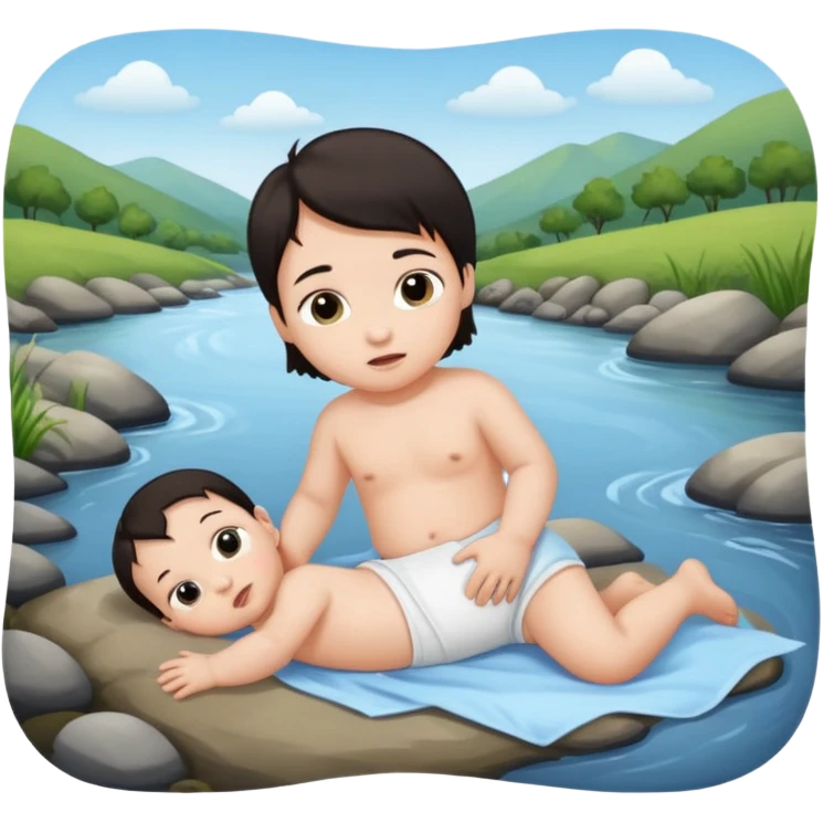 baby dark hair lying on ground by a river emoji