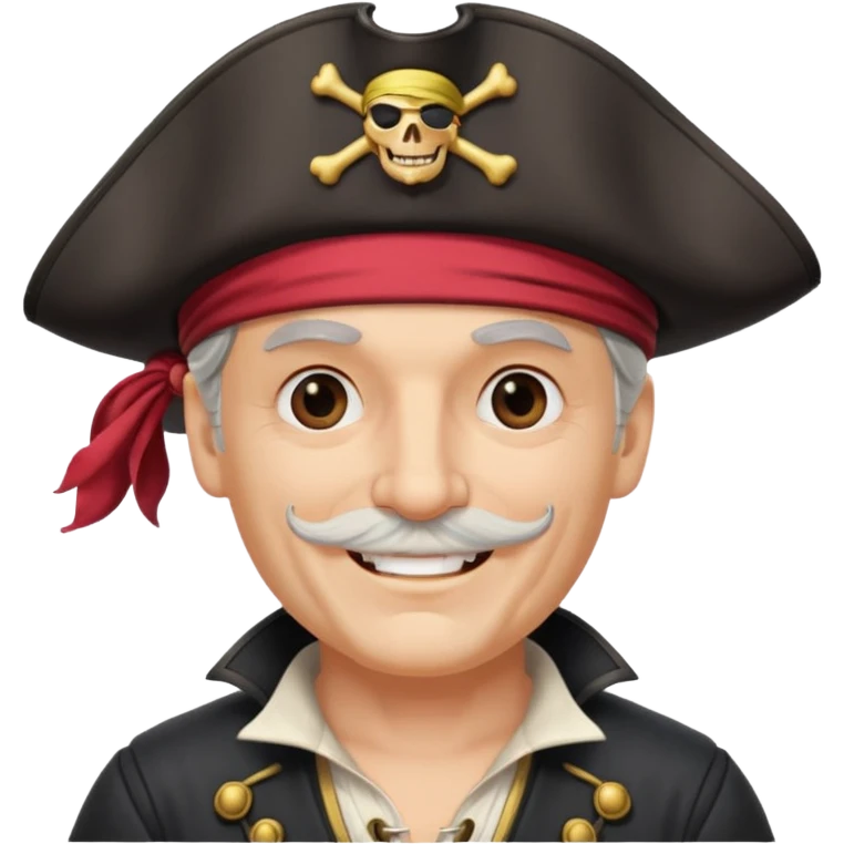 white middle aged male pirate captain with pirate hat and one eye patch, smiling emoji