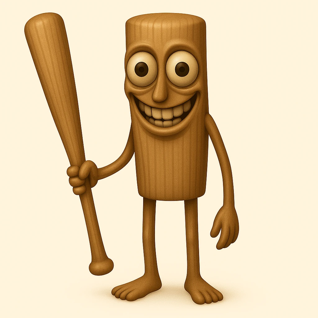 Make the stump character much skinnier and longer, with a face that is even creepier—large, wide, staring eyes and an exaggerated unsettling smile, closely matching the new reference image. Keep arms and legs, holding a baseball bat. Render in emoji style. emoji