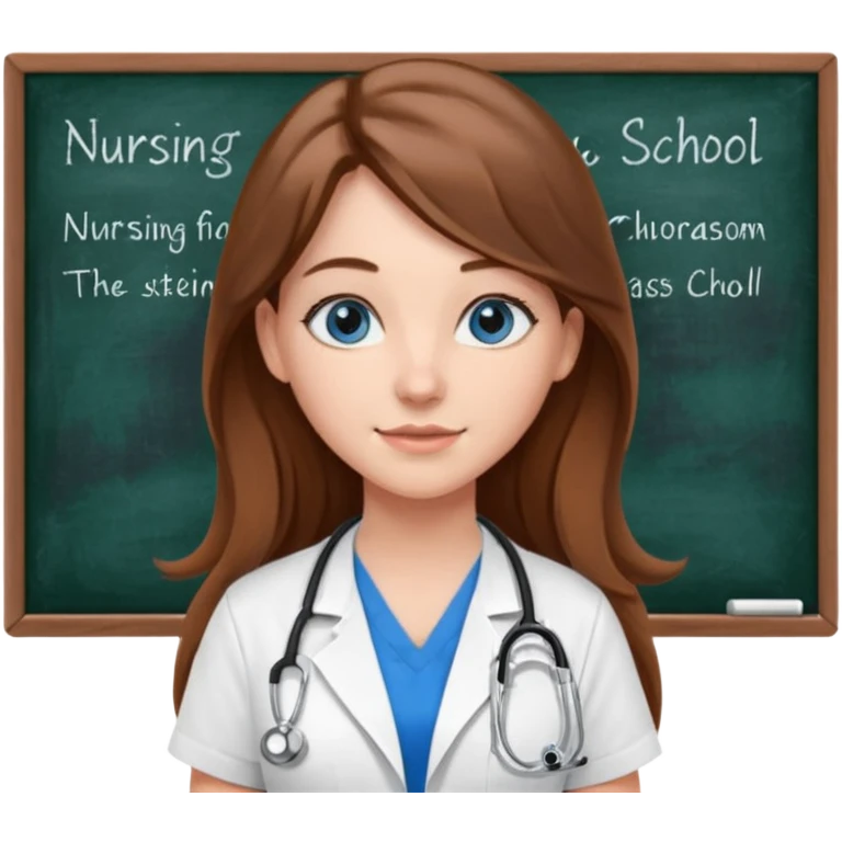 university classroom that says nursing school on the blackboard with a pretty female nursing student with long brown hair, blue eyes emoji