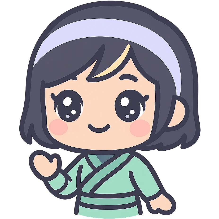 Make the art style more anime: kawaii chibi ninja girl with black short hair and a blonde streak, only head and arms, big sparkling anime eyes, rounder face, small mouth, soft shading, pastel colors, clean outlines, transparent background, no mask, hand at side, smiling, sized for Twitch emoji use. emoji
