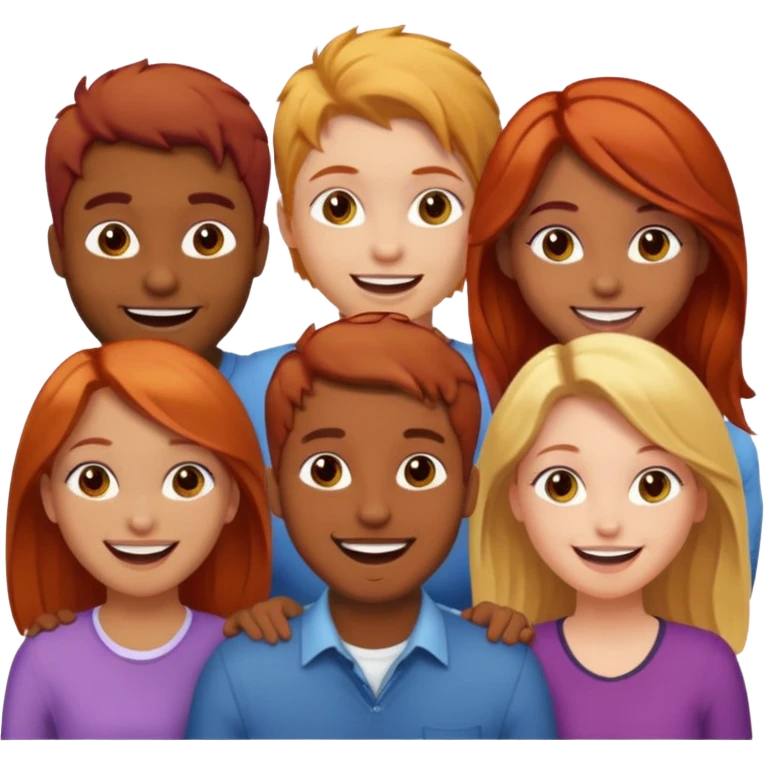 4 inclusive friends (3 girls and 1 man) laughing : 1 man must be brown, 1 girl have to have red hair, an other one must have blond hair and the last one is brown and have brown hair emoji