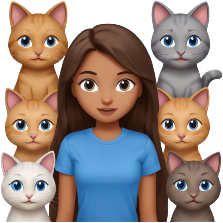 a pretty bratz dusky girl with long brown hair, blue eyes with six cats nd wearing a grey tshirt emoji