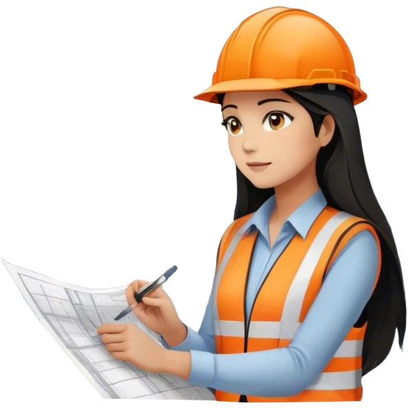 Female civil engineer with black long hair and white helmet wearing orange vest looking at high rise building drawing plan emoji