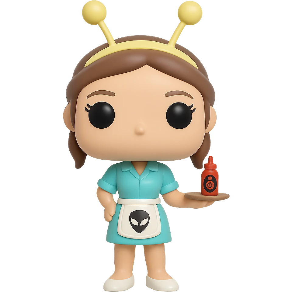 Create a Funko Pop style vinyl figure of Liz Parker from the Roswell series. She is wearing a light blue Crashdown Café waitress outfit with a white apron featuring an alien logo. She has a golden antenna headband, brown tied-up hair, and a friendly expression. She is holding a tray with a ketchup bottle. The background should be transparent. emoji