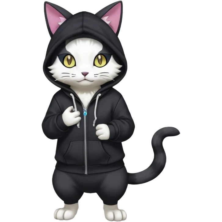 Black cat-garurumon-Gatomon-purloin-feline-Fakemon-Digimon-creature wearing a hoodie fursona (full body)  emoji