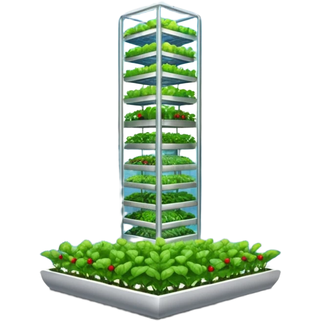 Vertical farm inside a towering skyscraper, with various crops growing in a hydroponic system under LED lights, viewed through a large window overlooking a futuristic city. emoji