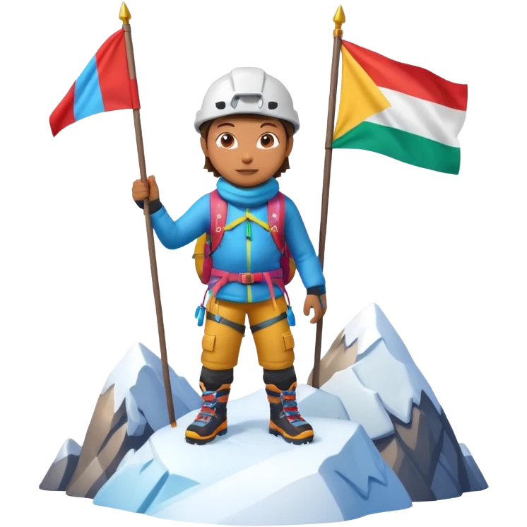 A 3D cartoon mountaineer standing on a snowy Everest-like summit with a flag, wearing colorful climbing gear, soft lighting, Memoji-style. emoji