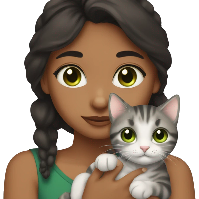 brownskin girl with brown eyes and black hair cuddling one gray tabby cat with green eyes emoji