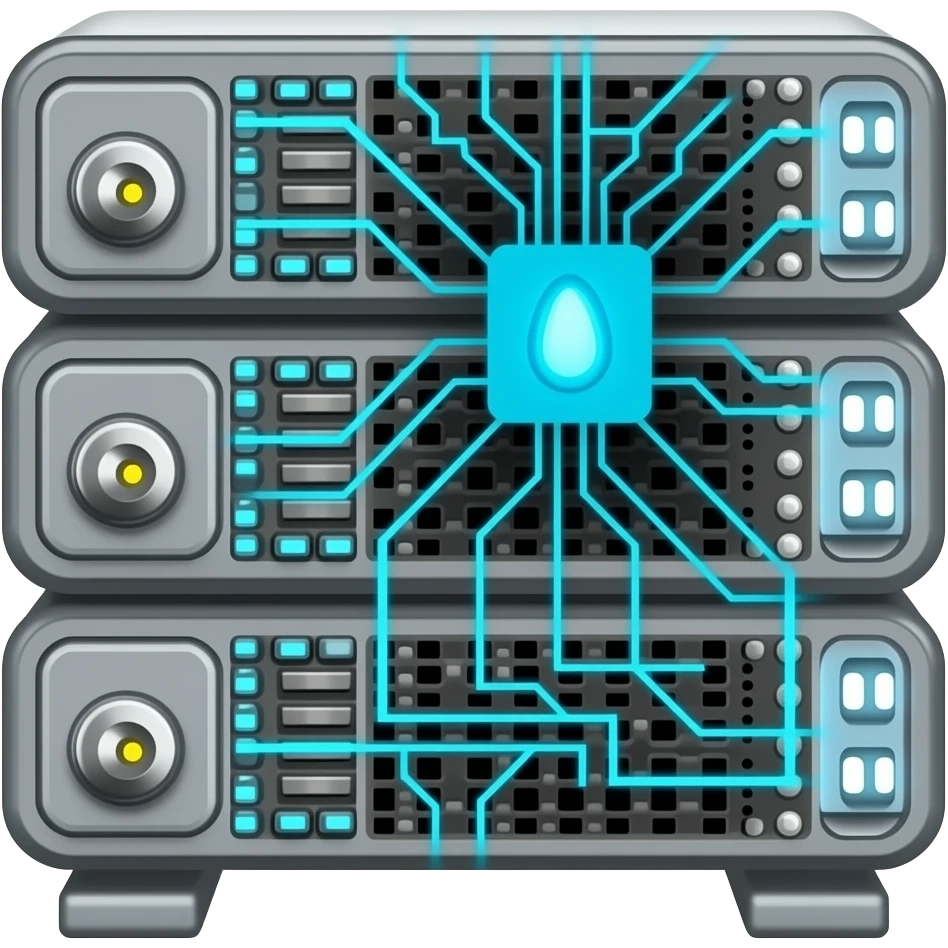 "Emoji representing a server rack machine with glowing blue circuit lines, interconnected neural network nodes on a digital screen, modern sleek design, flat vector style, transparent background." emoji