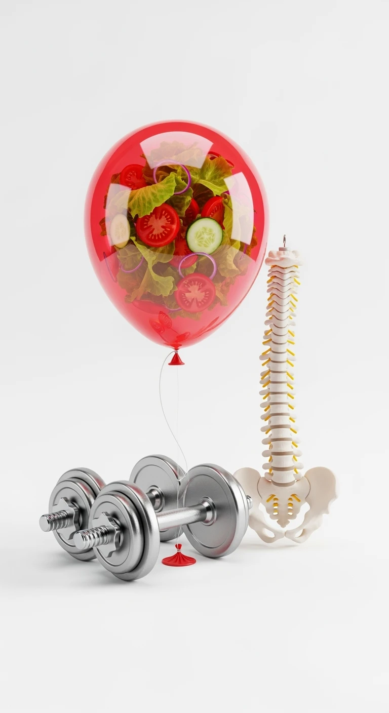palloncino rosso con all'interno insalata, manubri da palestra e una spina dorsale anatomica realistica in 3d, isolato su sfondo bianco emoji