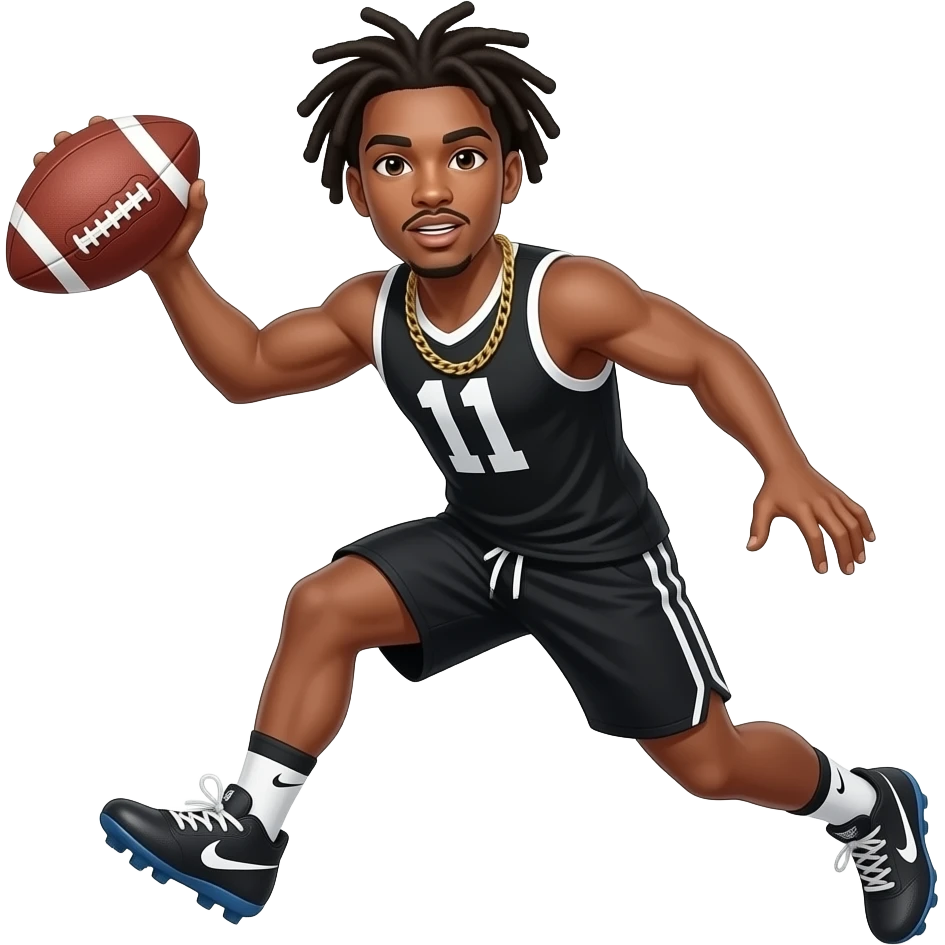 Brown skin teenager with Nike football cleats with dreads with a black white tank top and black shorts and gold chain #11 catching a football like Odell Beckham emoji