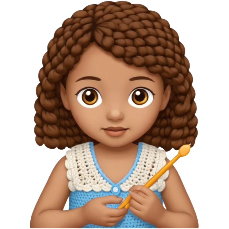 Baby girl with brown hair, brown eyes, doing chrochet emoji
