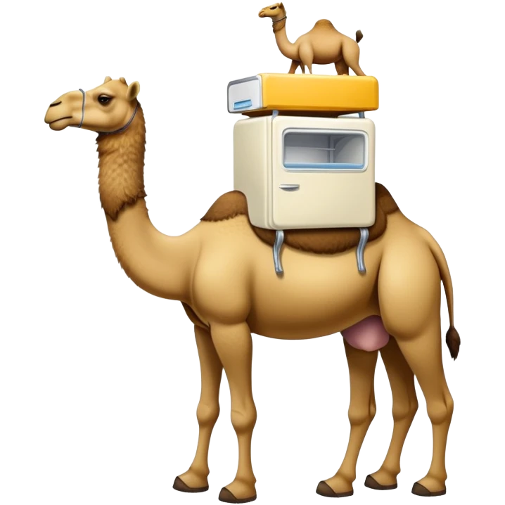 An appliance hybrid with a refrigerator body, a long-necked camel head emerging from the top, and four camel legs with hooves wearing yellow-brown Timberland boots emoji