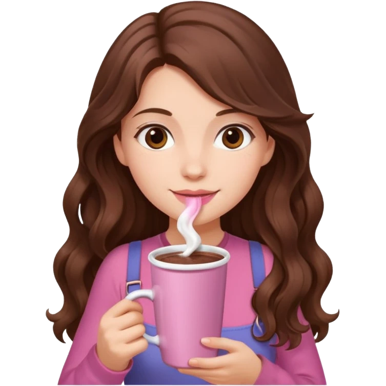 menina branca com cabelos castanhos longos ondulados com xícara rosa na frente com chocolate quente, com blusa de alça fina emoji
