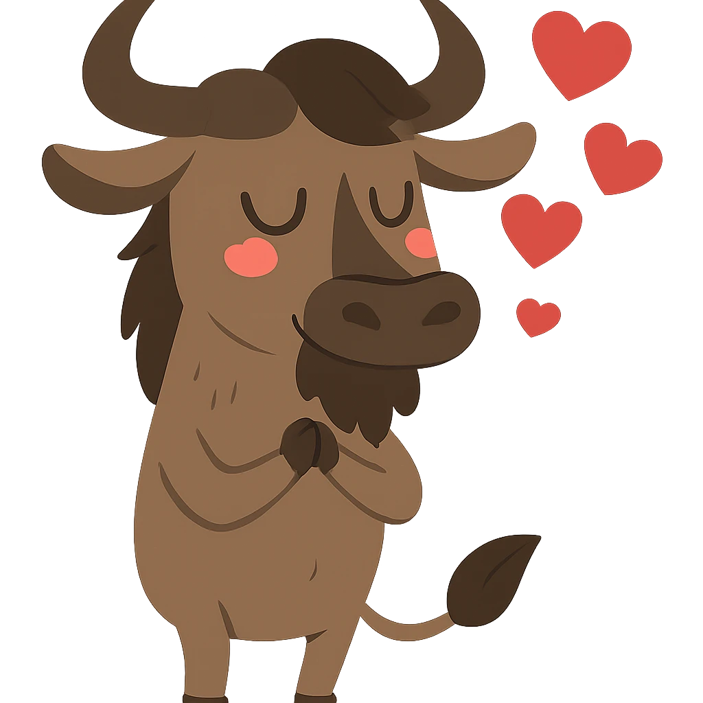 flat toon style gnu with hearts, expressing love emoji