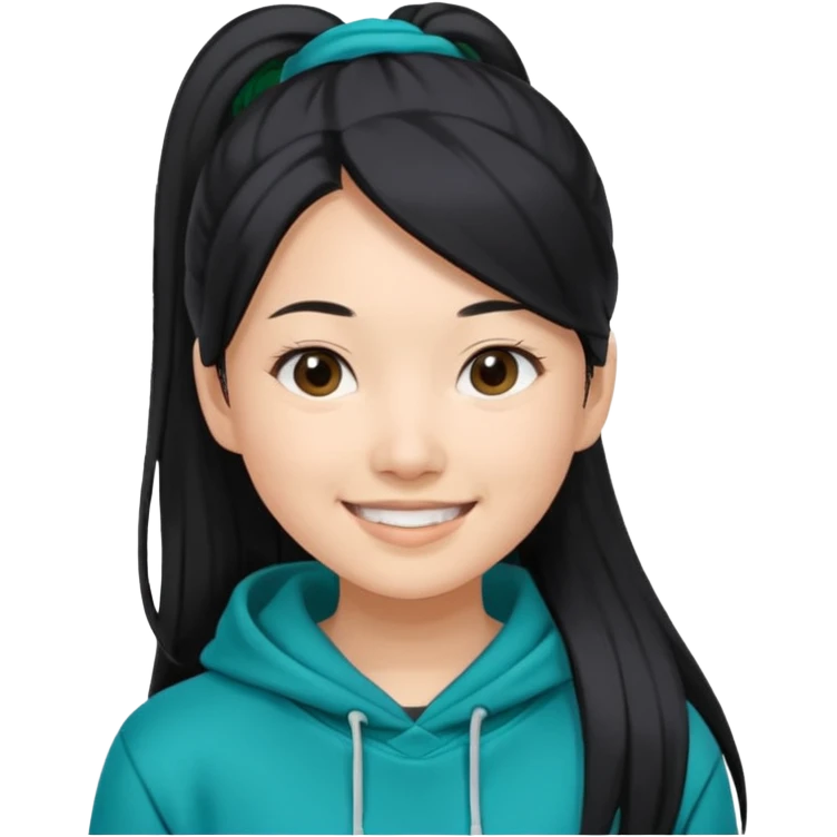generate an asian female with long black hair in a ponytail and a teal hoodie emoji