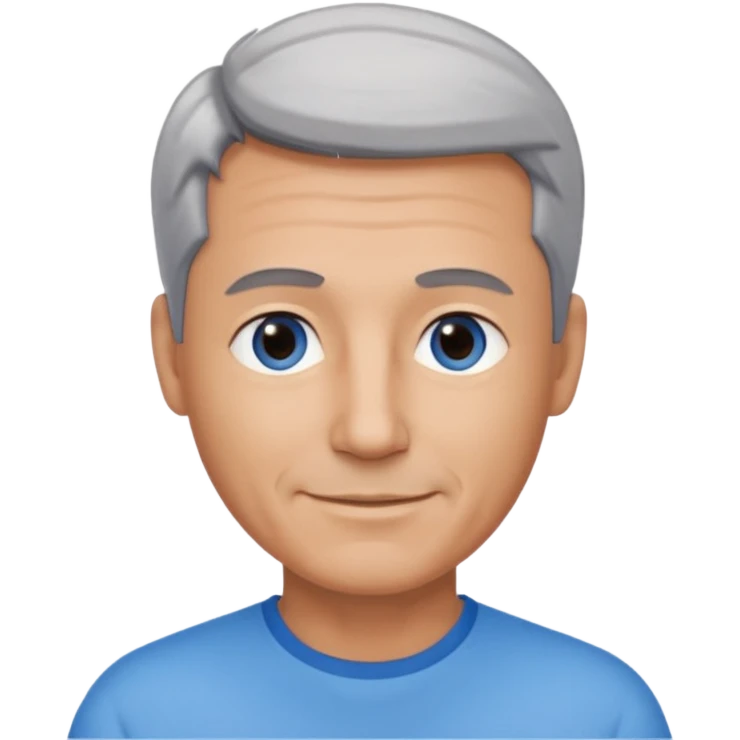 Middle aged man with tanned skin, little black to grey hair and no beard, blue eyes, shy smile emoji