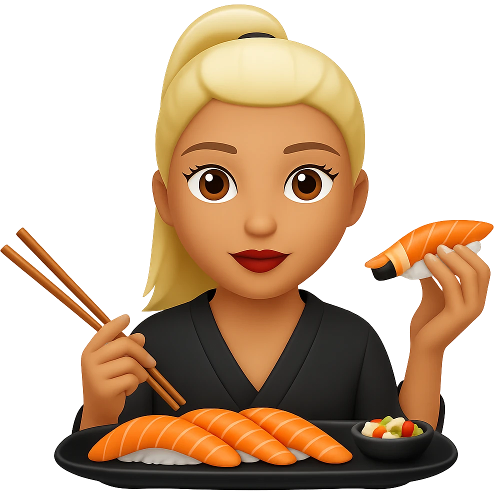 Edit the image of a girl eating sushi to have a ponytail hairstyle. Keep the same style as the original image. Remove the background. emoji