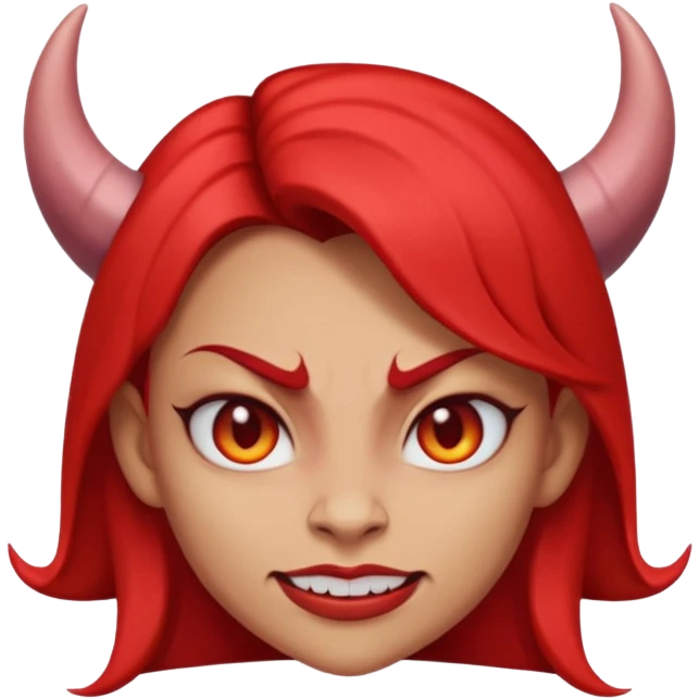  woman Demon cartoon emoji character, head and shoulders included (chest-up crop), centered face, confident and edgy expression, sharp eyes, subtle smirk, small curved horns, clean stylized face, not cute, not scary, modern emoji-style illustration, bold colors, smooth shading, high readability emoji