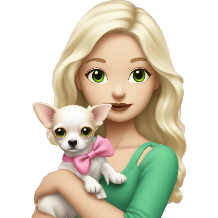 pale blond girl with wavy long platinum hair with green eyes holding a white chihuahua puppy that wearing a pink bow emoji