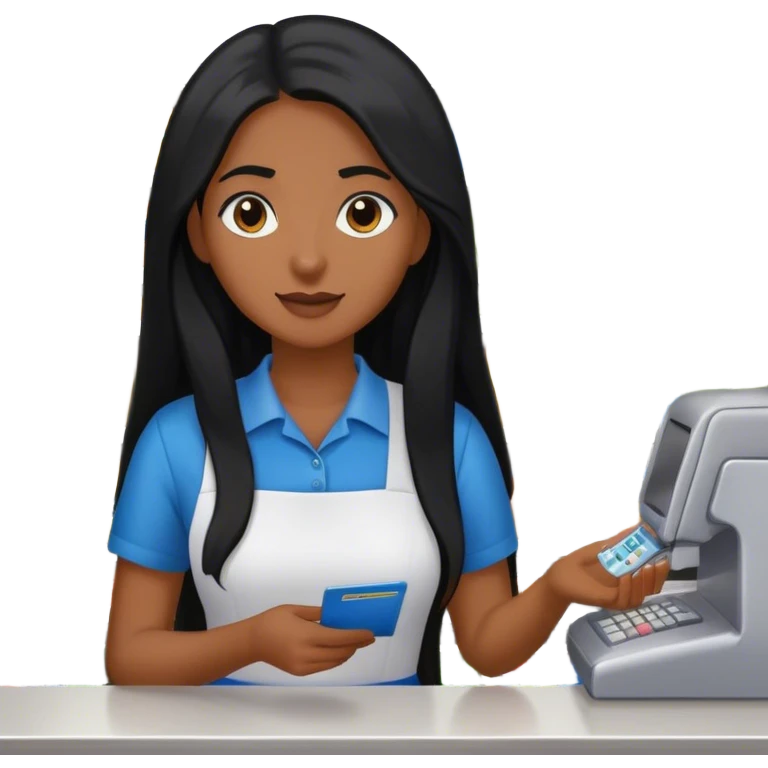 perempuan dengan rambut hitam panjang sedang bekerja sebagai kasir di supermarket  emoji