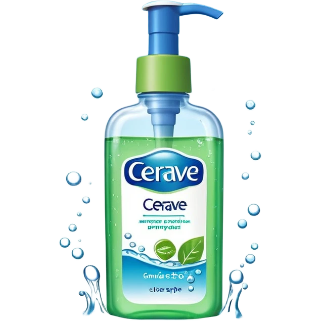 `CeraVe-shaped white rectangular pump bottle with soft green label and blue “CeraVe” stripe. Surrounded by floating water bubbles, glowing light particles, and a gentle green mist. Feels like a calm hydration spell in a bottle. Clean, glossy, emoji-style.`
 emoji