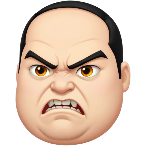 young angry fat man in profile view with black hair, fangs, crossed eyes emoji