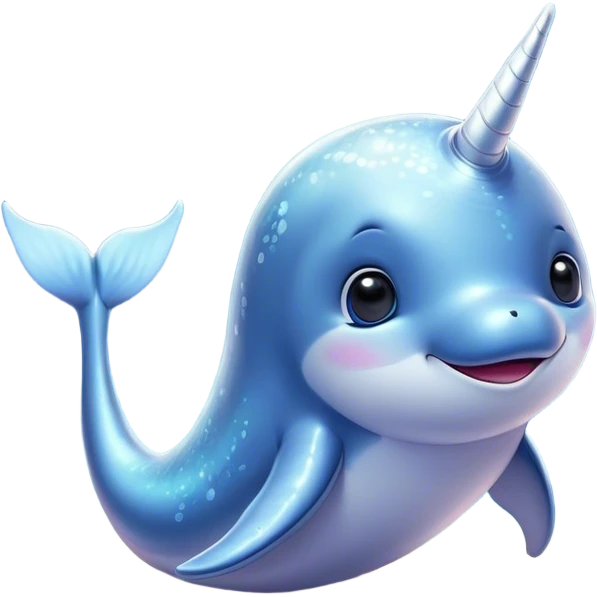 Cinematic Cute Narwhal Portrait Emoji, Head tilted playfully and inquisitively, with a glossy, shimmering body highlighted by its iconic tusk and sparkling eyes filled with wonder, Simplified yet irresistibly adorable features, highly detailed, glowing with a warm, friendly glow, high shine, affectionate and lively, stylized with a touch of whimsical charm, bright and endearing, soft glowing outline, capturing the essence of a mischievous marine marvel that feels like it could frolic out of the screen into your heart! emoji