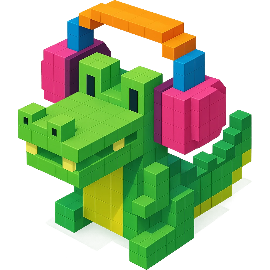 crocodile wearing large over-ear headphones, isometric view, voxel style emoji