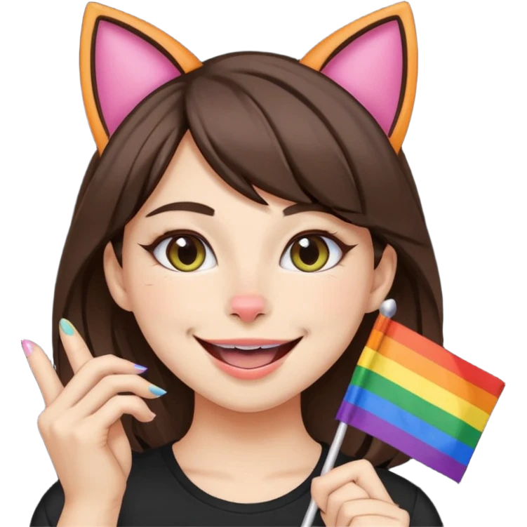 brunette girl with cat ears and doing cat pose with gay flag in mouth emoji