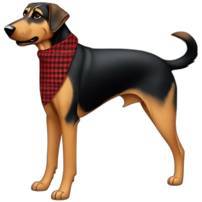 adult 75% Coonhound 25% German Shepherd mix dog with visible tail wearing small pointed red buffalo plaid bandana full body walking left quickly emoji
