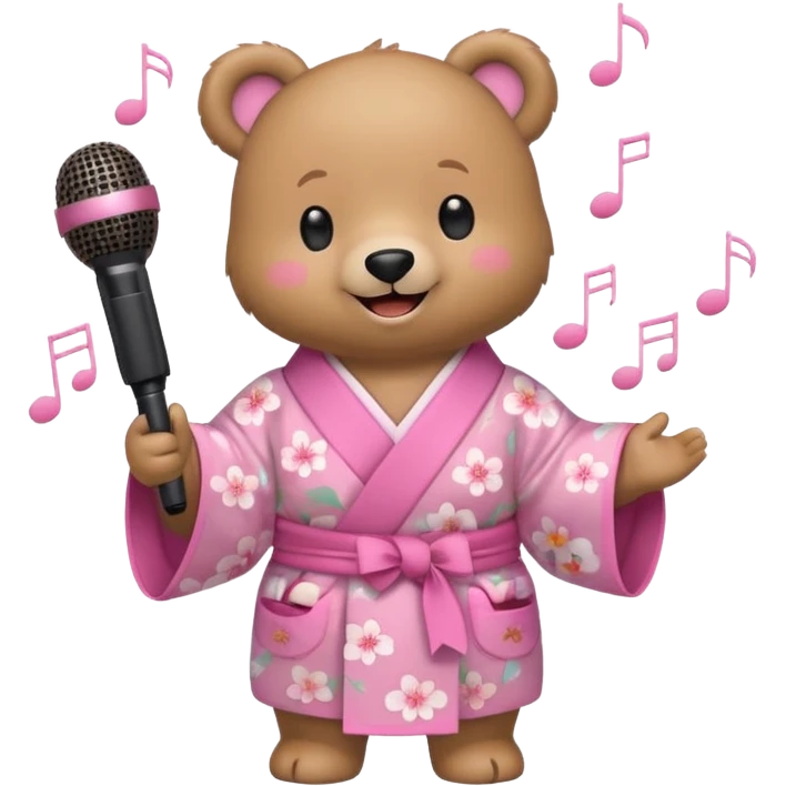 A cute light-brown bear wearing a pastel pink sakura-patterned kimono, normal balanced body ratio.  
Holding a microphone and singing happily, music notes floating around and a bright joyful smile.  
Kawaii emoji style, minimalistic clean sticker illustration, white background. emoji