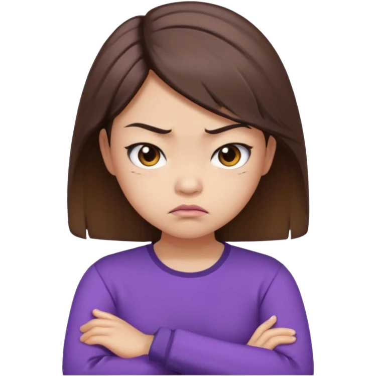 Angry Pouty girl with small asian eyes folding arms in a purple longsleeve shirt she has fair skin and medium length brown hair with highlights emoji