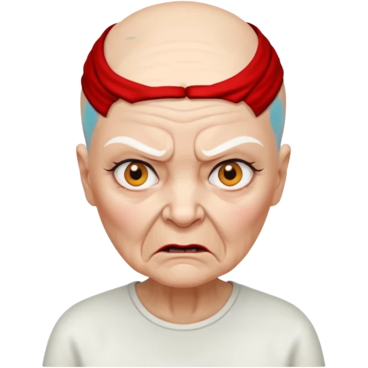 a portrait of angry elderly woman, bald head, wearing shirt emoji