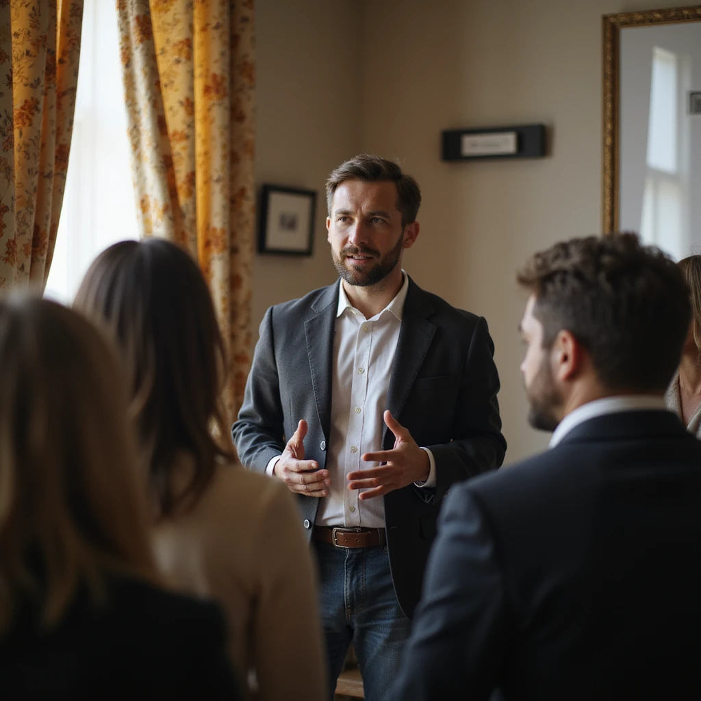 a person standing talking to a group emoji