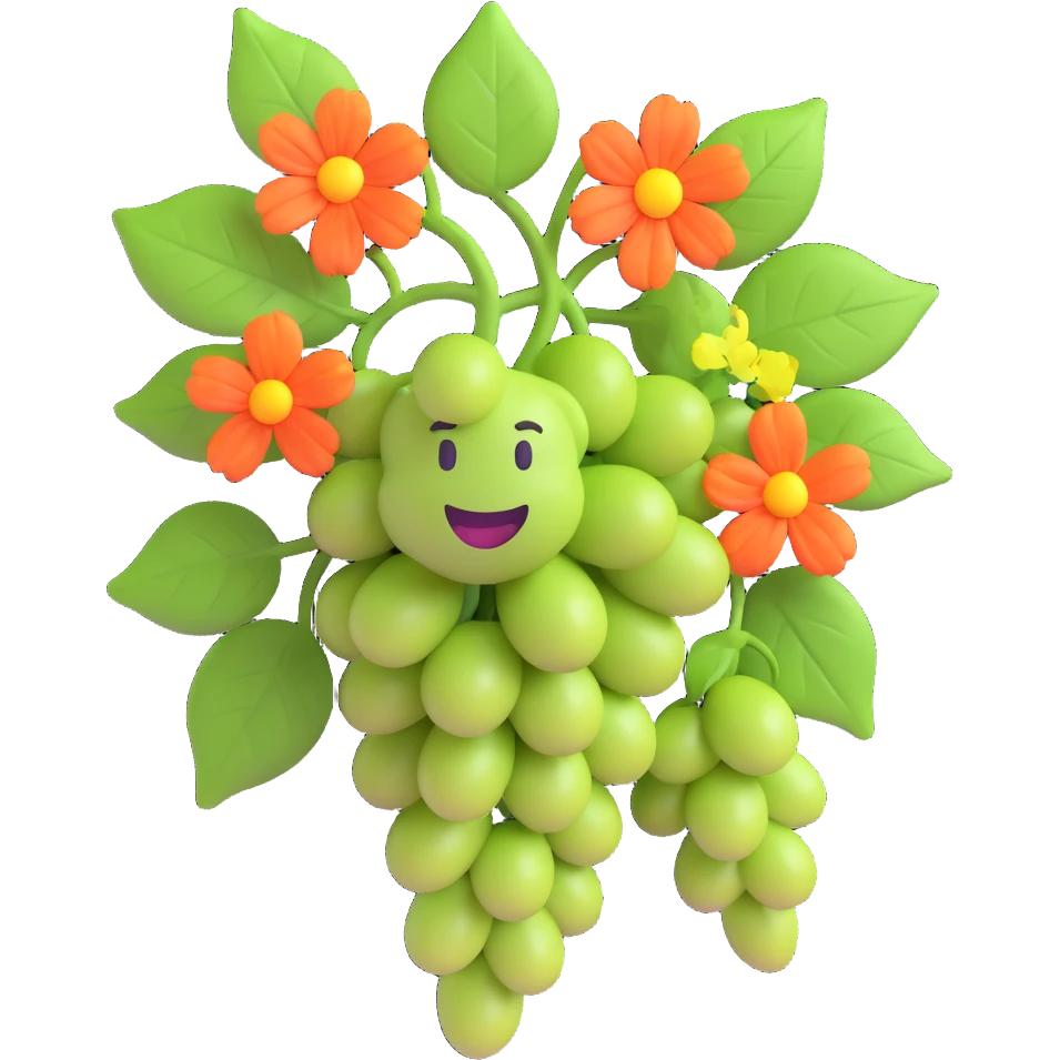 grapevine with fully opened leaves and blooming flowers, 3D emoji style, no background emoji