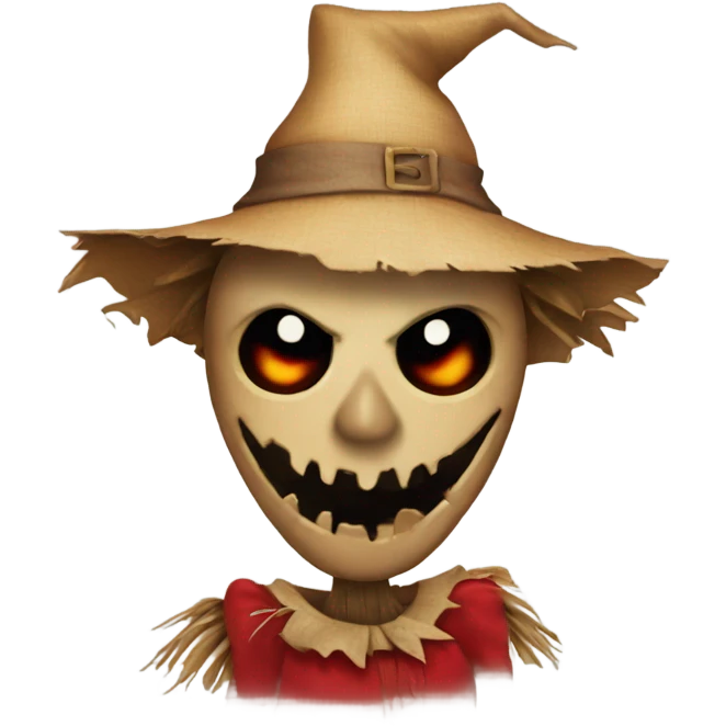 A relatively scary scarecrow wearing a red dress and winking one eye emoji
