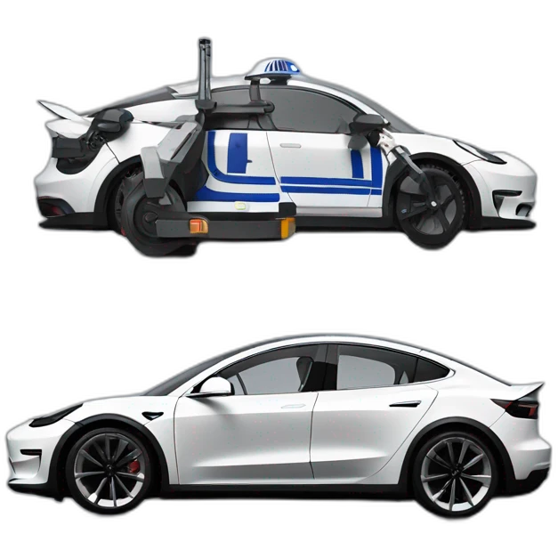 R2-D2 riding black Tesla Model 3 Side view emoji