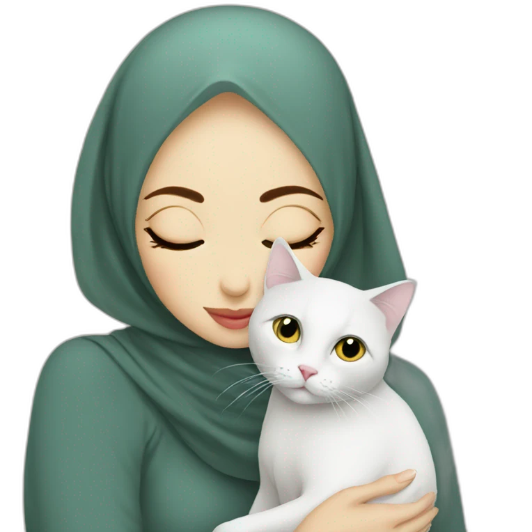 Hijab women kissing white cat emoji
