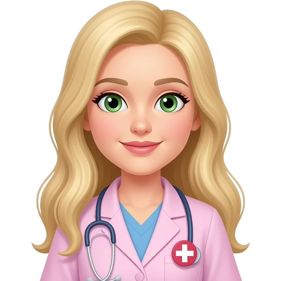 Enfermeira com o cabelo loiro grande branca dos olhos verdes com o jaleco rosa emoji